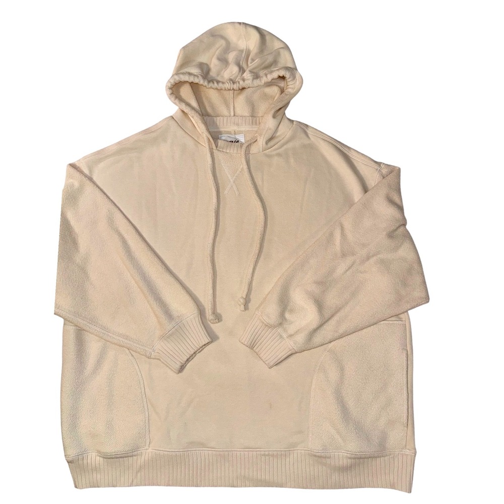 Aerie Women XL Cream Waffle Knit Oversized Pullover Hoodie Split Back Hem Pocket